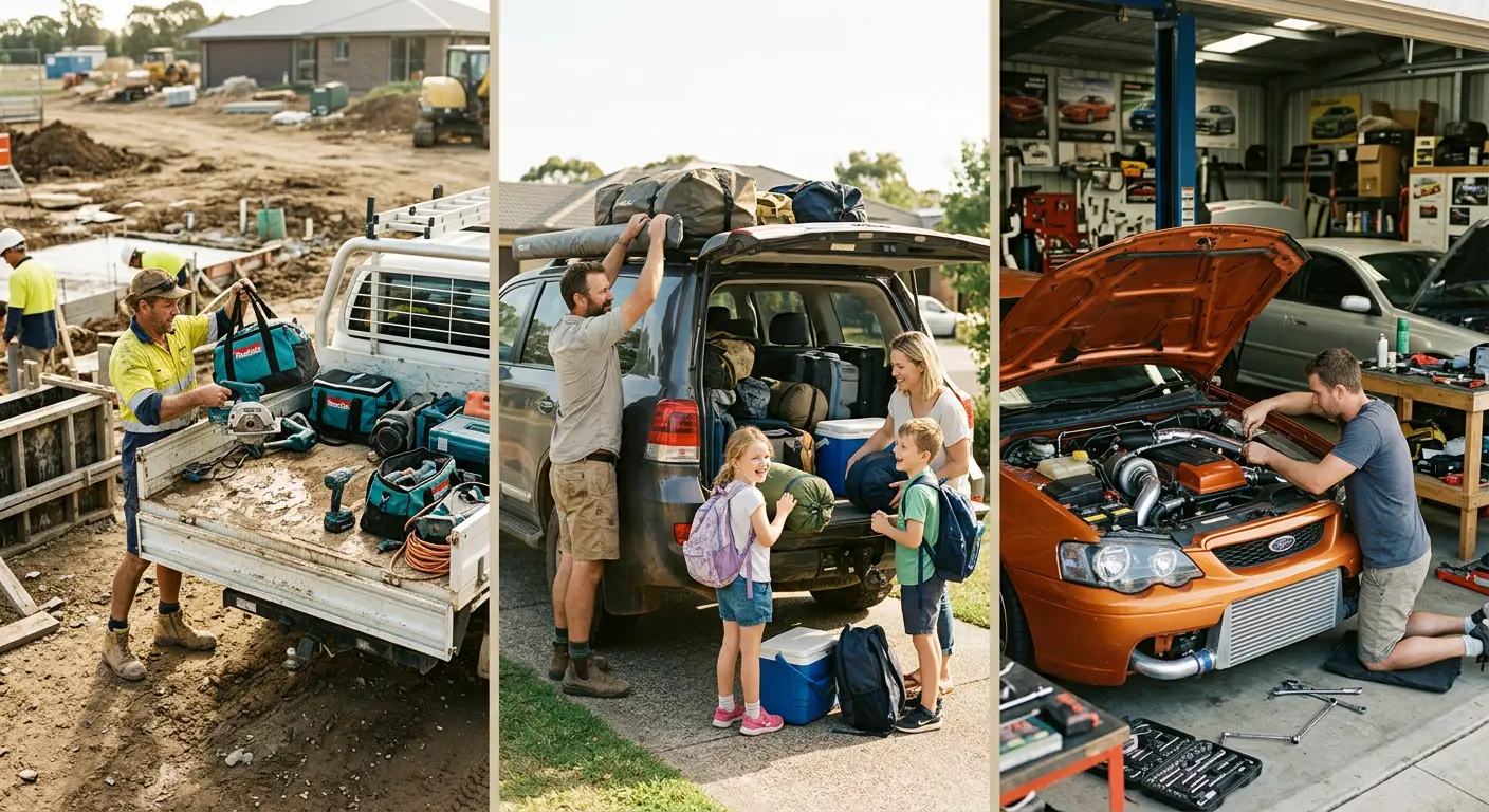 Tradie unloading tools, family beside touring 4WD, enthusiast working on modified vehicle