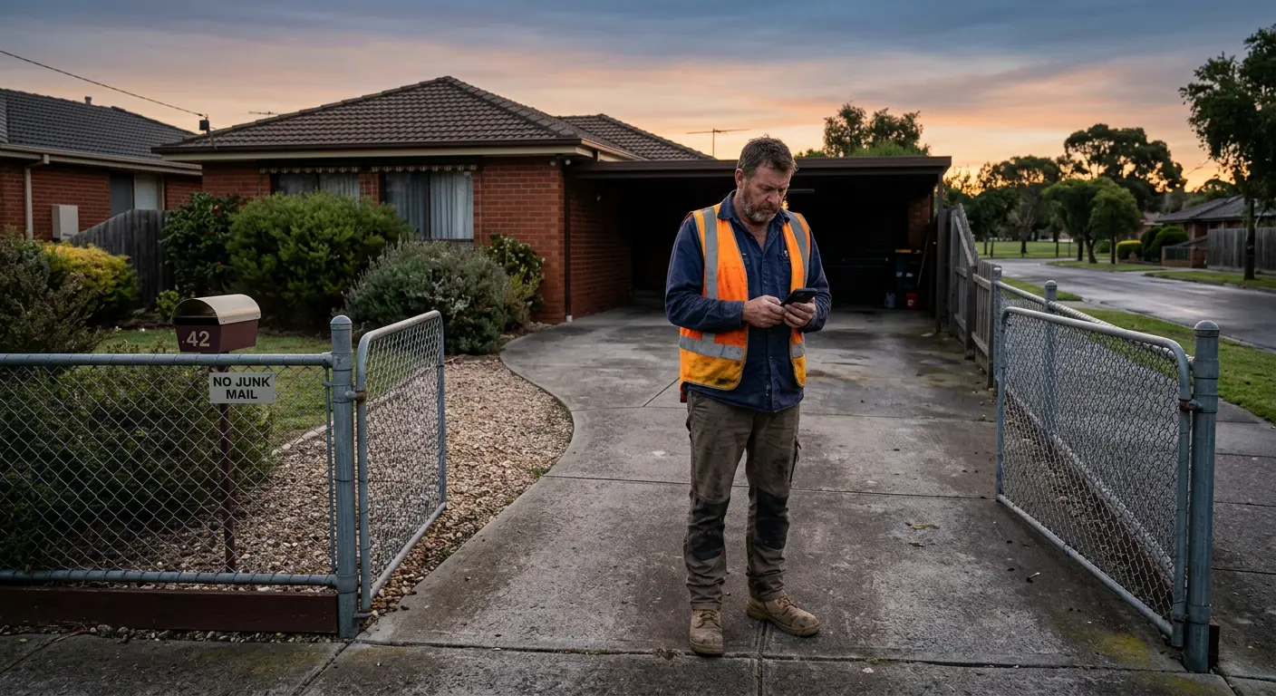 Australian tradie standing beside an empty driveway at dawn, holding iPhone