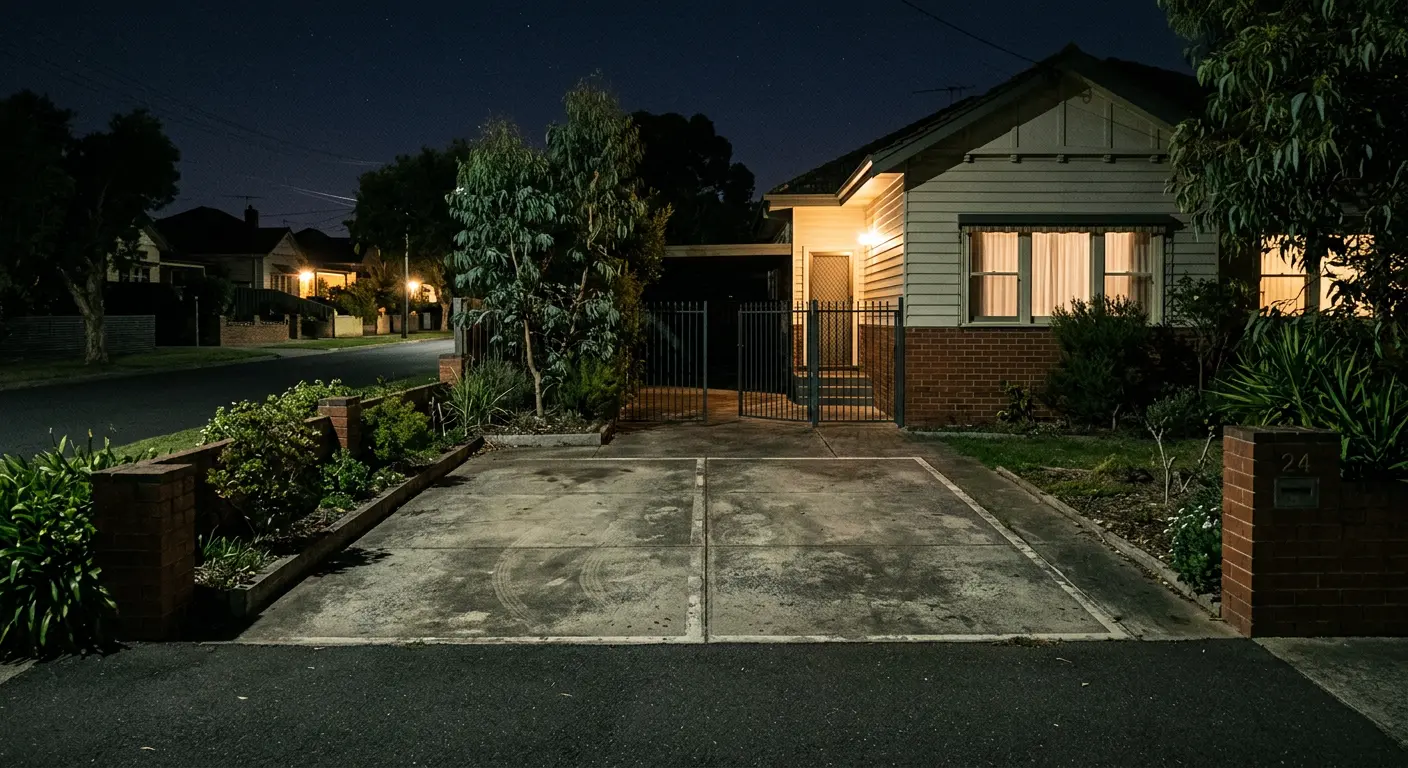 Empty suburban driveway at night